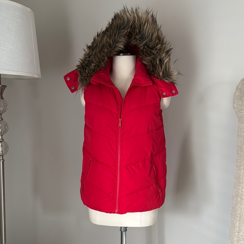 GAP Red Puffer Vest with Faux Fur Hood